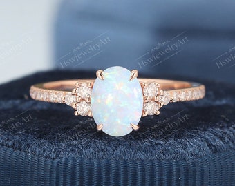 Oval Opal Moissanite engagement ring vintage rose gold Cluster engagement ring unique diamond / moissanite wedding Bridal ring Anniversary