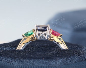 Legend of Zelda Zora Lab Sapphire Spiritual 3 Color Stone Engagement Promise Ring Video Game Sterling Silver Gold Plated Wedding Geek Ring