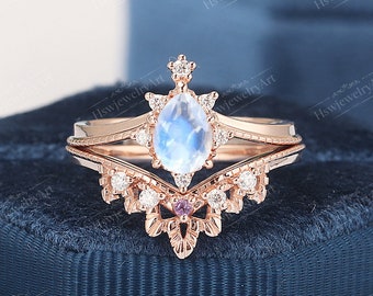 Vintage Mondstein Hochzeit Ring Sets / Pear Cut Mondstein 14K Rose Gold Blatt Verlobungsringe Sets Art Deco Brautring stapelbar Band
