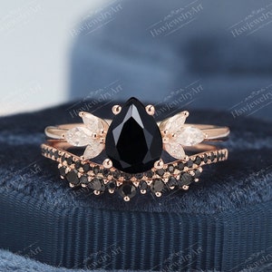 Black Onyx Engagement Ring Sets Rose Gold Half Eternity Pear Shape Bridal Set Unique Black Diamond Wedding Set  Anniversary Ring