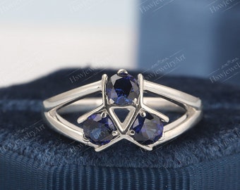Zora's Natural Sapphire Spiritual Three Stone Legend of Zelda Inspired Ring Custom Ring 14k White Gold Video Game Engagement Wedding Ring