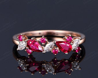Ruby Engagement Ring Marquise Cut 14K Rose Gold Unique Engagement Ring Pear Cut Ruby Diamond / Moissanite Vintage Bridal Wedding Ring