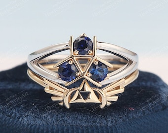 2PCS Zora's Sapphire Spiritual Stone Custom Ring 925 Sterling Silver Gold Plated Legend of Zelda Inspired Ring Video Game Engagement Ring