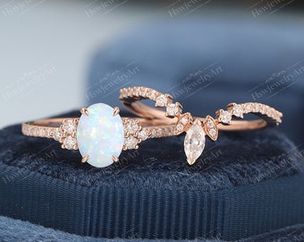 Opal Engagement Ring Unique Oval Cut Rose Gold Cluster Ring Diamond / Moissanite Engagement Ring Vintage Wedding Ring Anniversary Ring