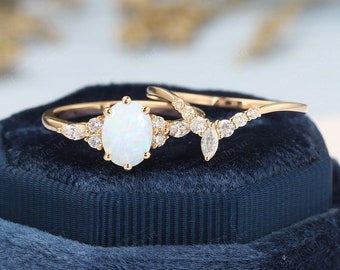 Natural Opal engagement ring set unique oval cut solid gold engagement ring vintage Cluster diamond wedding Bridal Promise ring anniversary