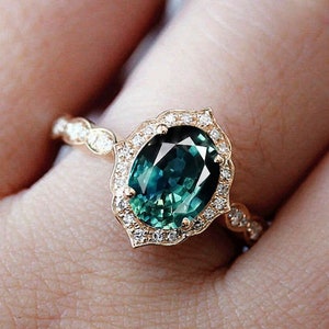 Vintage 2CT Teal Sapphire Engagement Ring Oval Halo Engagement Ring Yellow Gold Moissanite Unique Blue Green Sapphire Wedding Bridal Ring