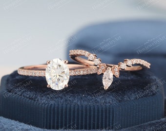 Oval moss agate engagement ring vintage unique Cluster rose gold engagement ring women Marquise diamond wedding Bridal art deco Anniversary