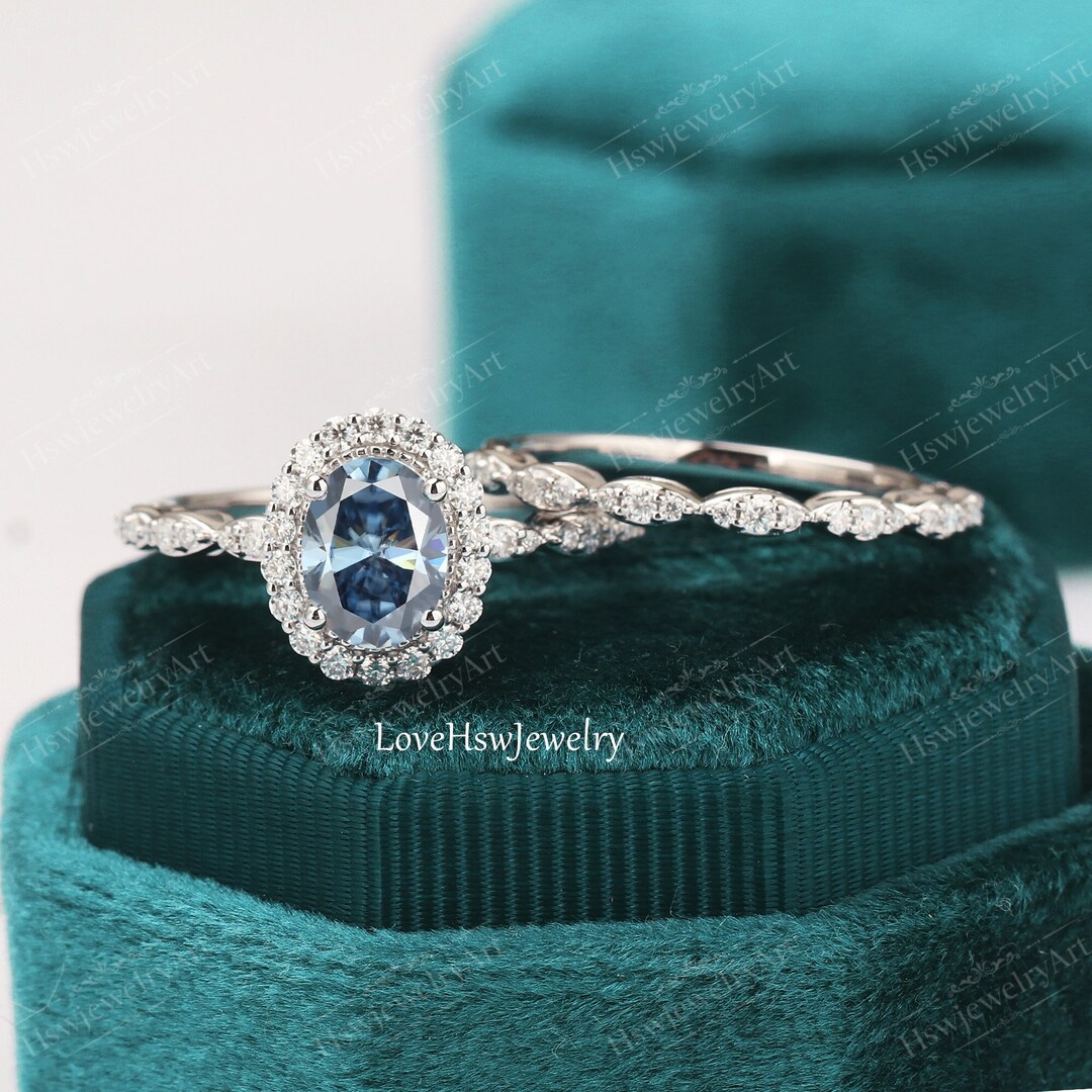 Grey Blue Rings Blue Grey Moissanite Engagement Ring Sets White Gold Oval Vintage ...