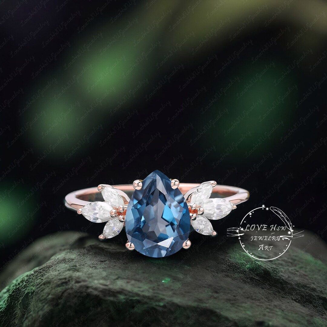 London Blue Topaz Engagement Ring Unique Engagement Ring Solid 14k