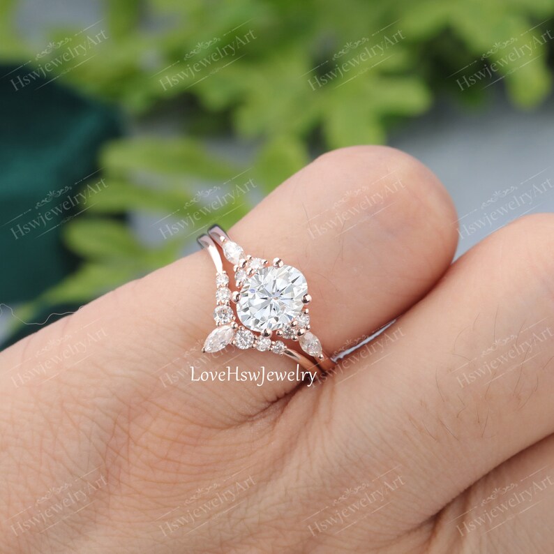 Oval Moissanite Engagement Ring Set Unique Vintage 14k Rose Etsy