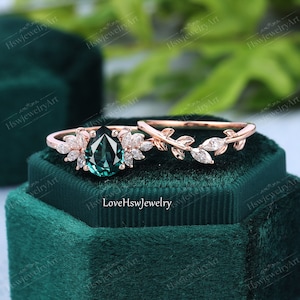 Teal sapphire engagement ring sets Vintage Unique Diamond Moissanite Leaf Pear Shape Cluster Rose gold engagement ring Anniversary Ring