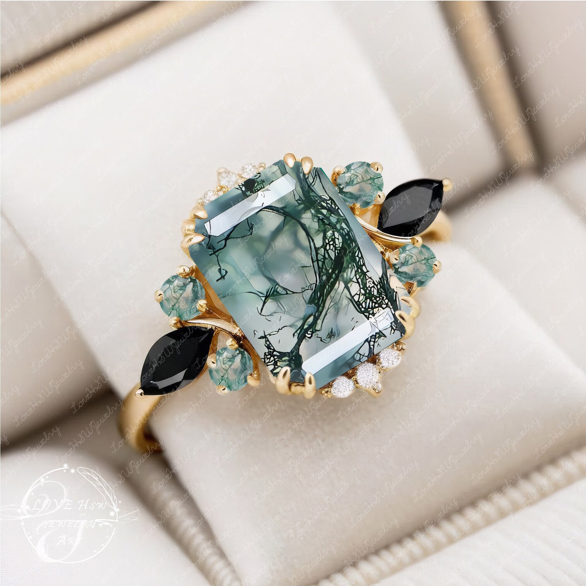 天然 4 カラット モスアゲート エンゲージリング ユニークな