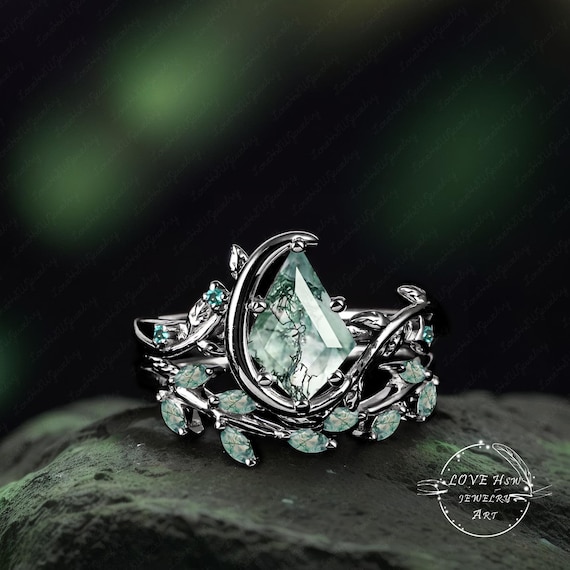 Buy Gothic Vintage Kite Moss Agate Engagement Ring Set Leaf Black