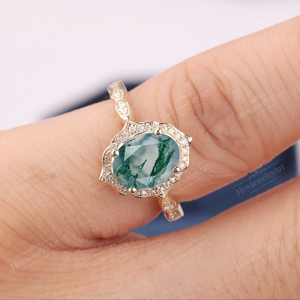 Vintage Moss Agate Engagement Ring 2ct Oval Cut Halo | Etsy