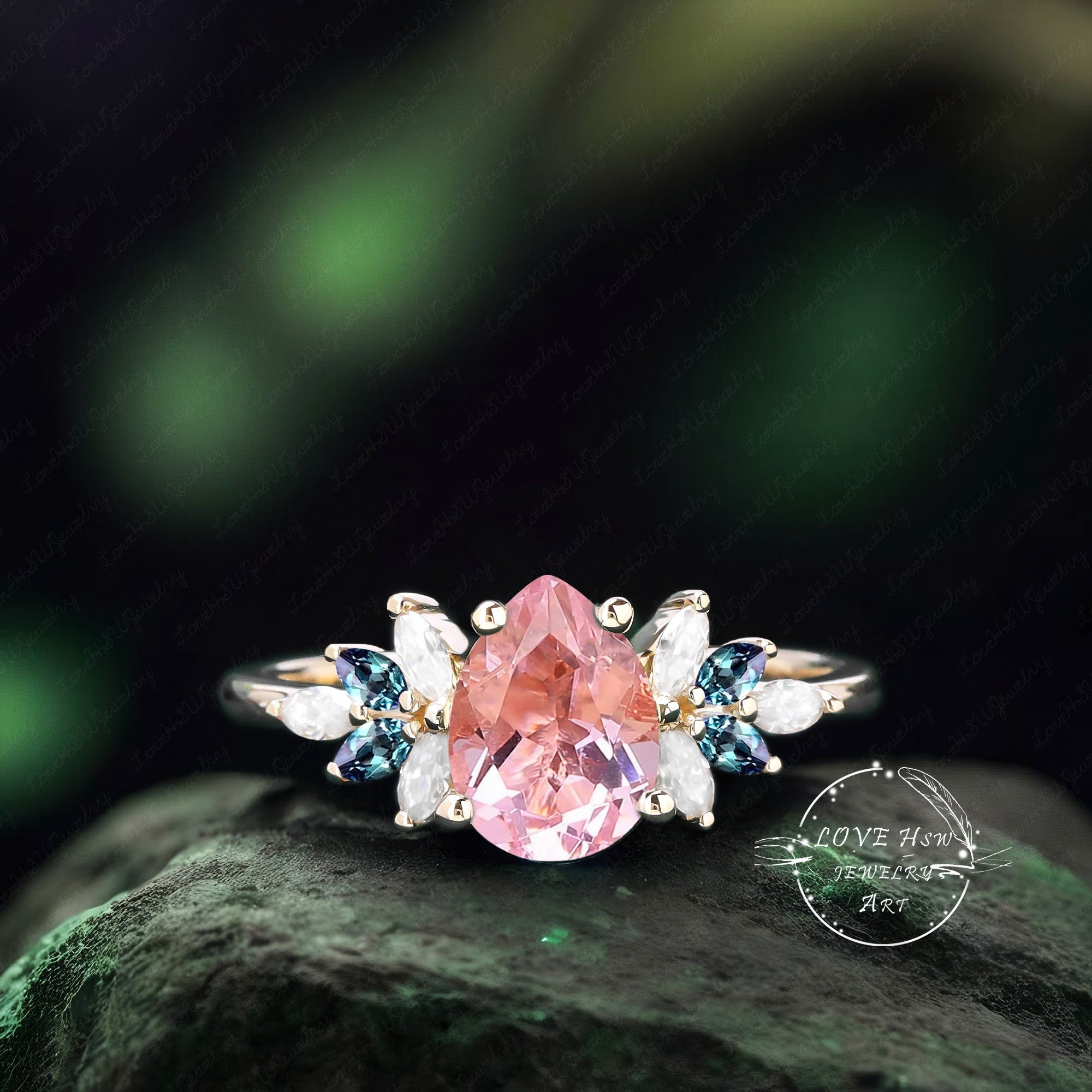 Vintage Pink Sapphire engagement ring women Promise Ring 14K Rose Gold Unique Pear shaped Cluster ring Art Deco Ring Bridal anniversary gift