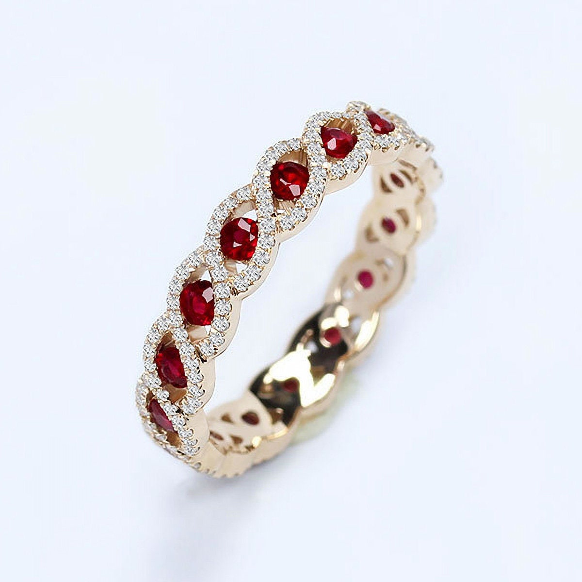 Vintage Ruby Pave Eternity Wedding Ring Band 14K Rose Gold Ruby Full ...