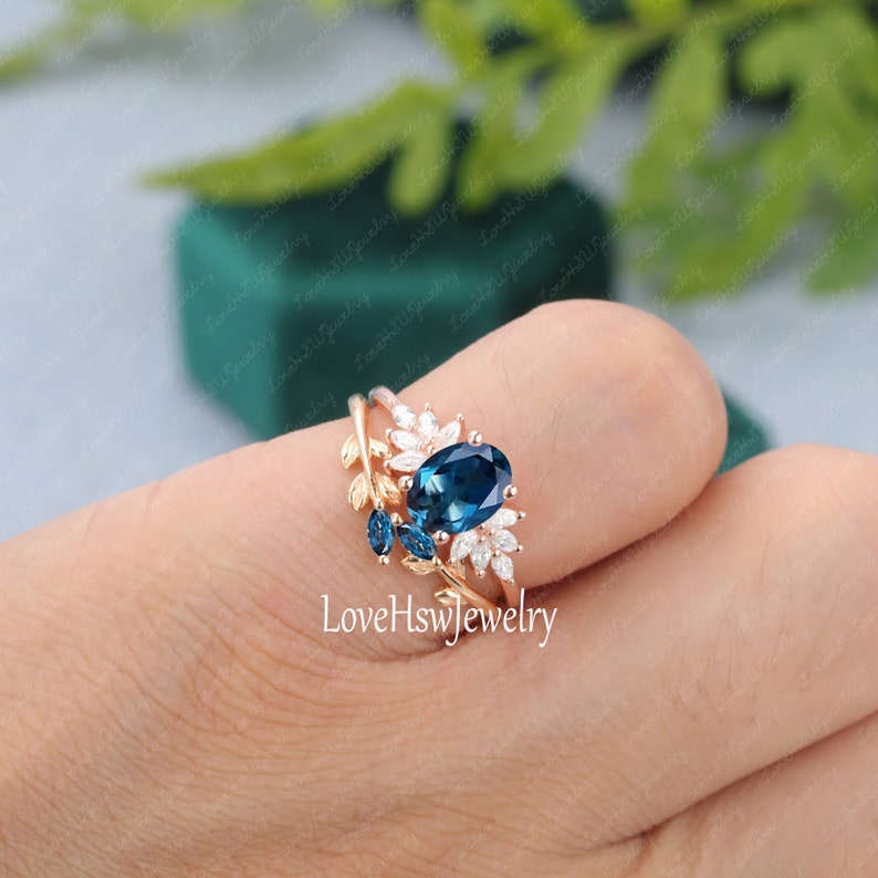 Oval London Blue Topaz Engagement Ring Set Vintage Unique Etsy