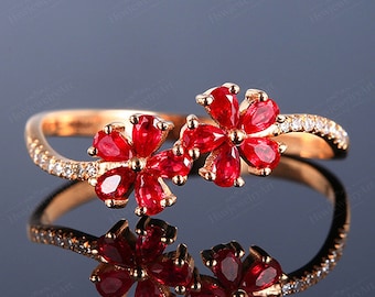 Pear Ruby Cluster Ring Flower Design 14K Yellow Gold Ruby Engagement Ring Diamond Wedding Bridal Ring Anniversary Ring