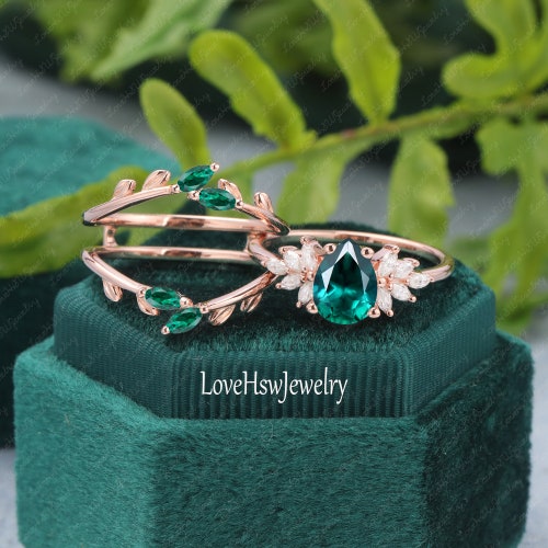 Emerald engagement ring set vintage rose gold Unique pear shape engagement shops ring diamond wedding ring Bridal anniversary ring gift women