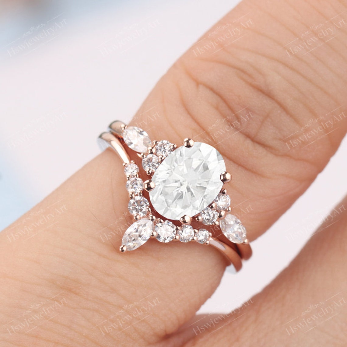 Oval Moissanite engagement ring set unique 14k yellow gold Etsy