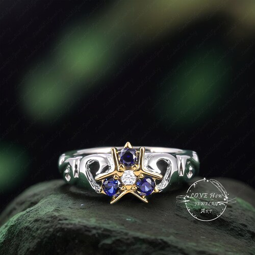 Triforce Zora's Sapphire Spiritual Stone Diamond / Moissanite Custom Ring 14K Gold Legend of Zelda Inspired Ring Video Game Engagement Ring