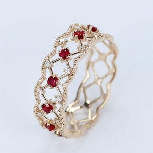 Unique Vintage Natural Diamond Ruby Engagement Ring 14k Rose Gold Antique Ruby Anniversary Ring Band Women Jewelry image 3