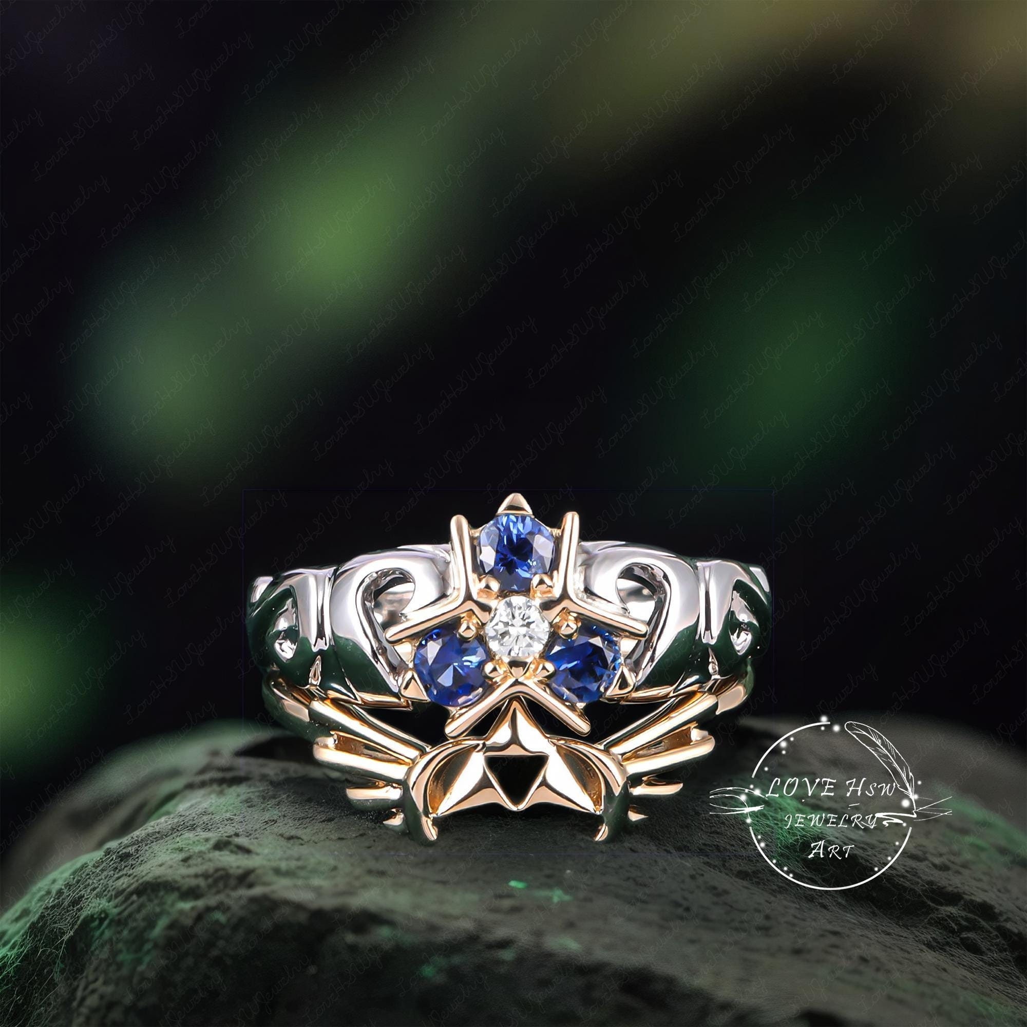 Anillo de compromiso de oro de 14 quilates con diamante moissanita y piedra espiritual de zafiro de la Trifuerza de Zora 2 unidades inspirado en la leyenda de Zelda Etsy Espana