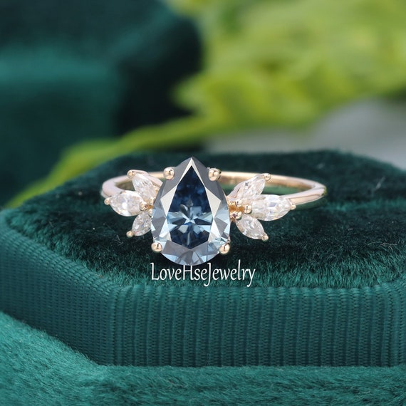 Blue Grey Moissanite Engagement Ring Unique Engagement Ring Solid 14k Gold Pear Ring Vintage Diamond Moissanite Wedding Bridal Ring Gift Etsy
