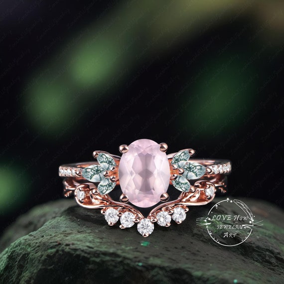 Vintage Oval Cut Rose Quartz Engagement Ring Set Women Rose Gold
