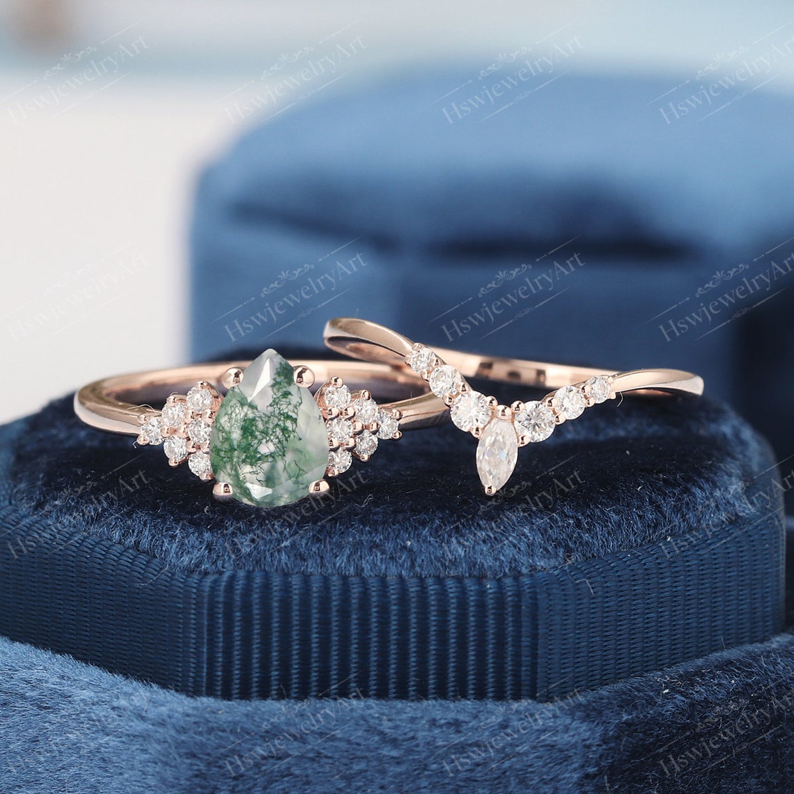 Moss agate Engagement Ring Pear Cut Rose Gold Ring Unique | Etsy