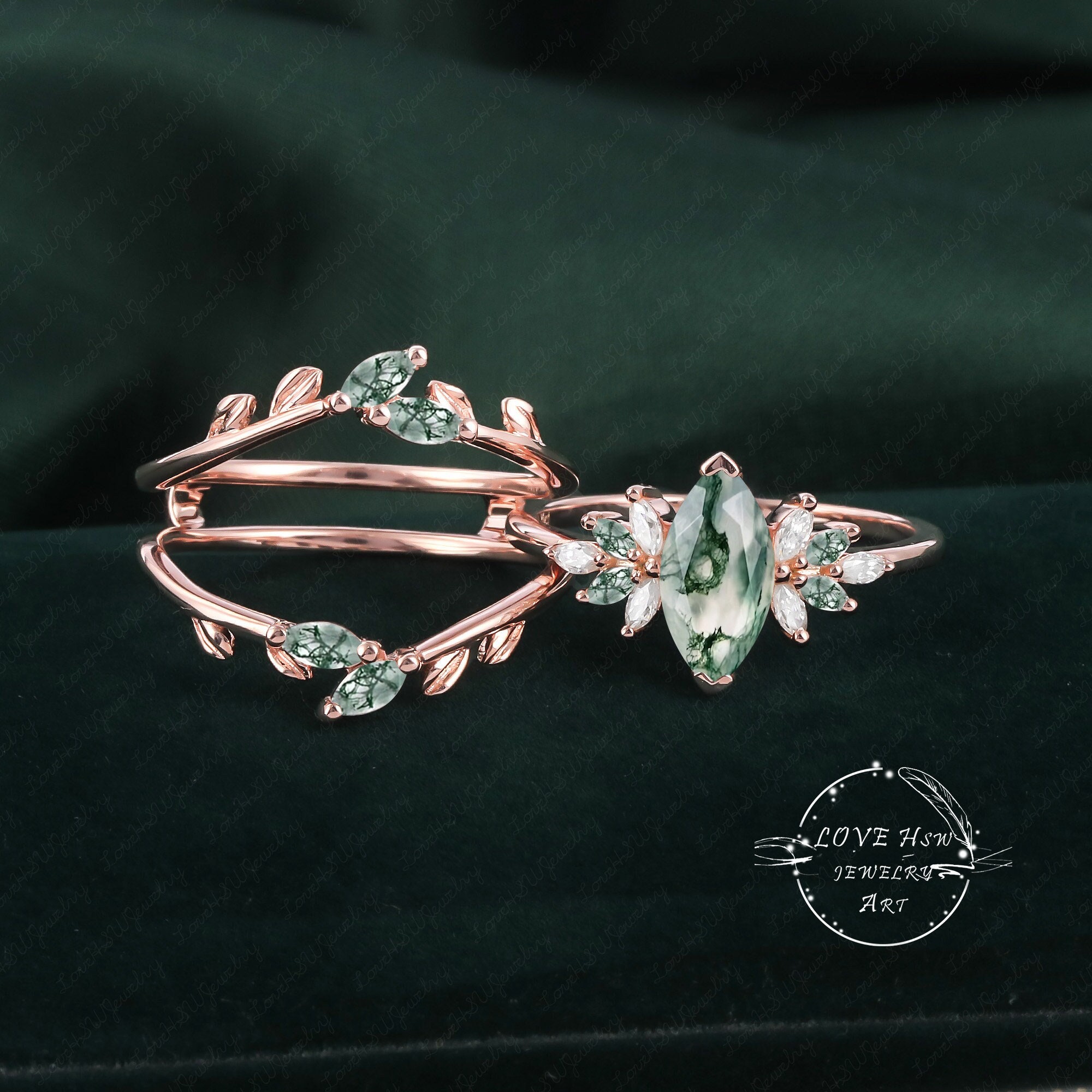 Vintage Moss Agate Engagement Ring Set Women Rose Gold