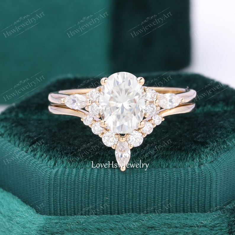 14K Yellow Gold Ring 1.5ct Oval Moissanite Engagement Ring Vintage Diamond Gold Engagement Ring Unique Wedding Ring Promise Ring image 2