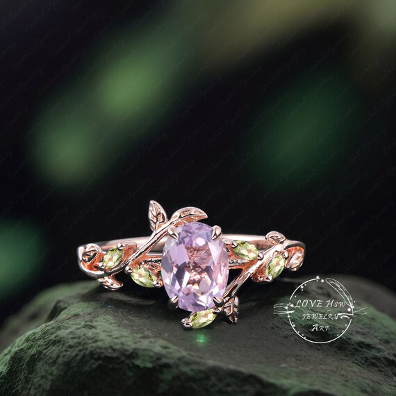Art Deco Oval Lavender Amethyst engagement ring Bridal Rose Gold Unique Leaf Nature Inspired Gemstone Promise Cluster ring jewelry Gift