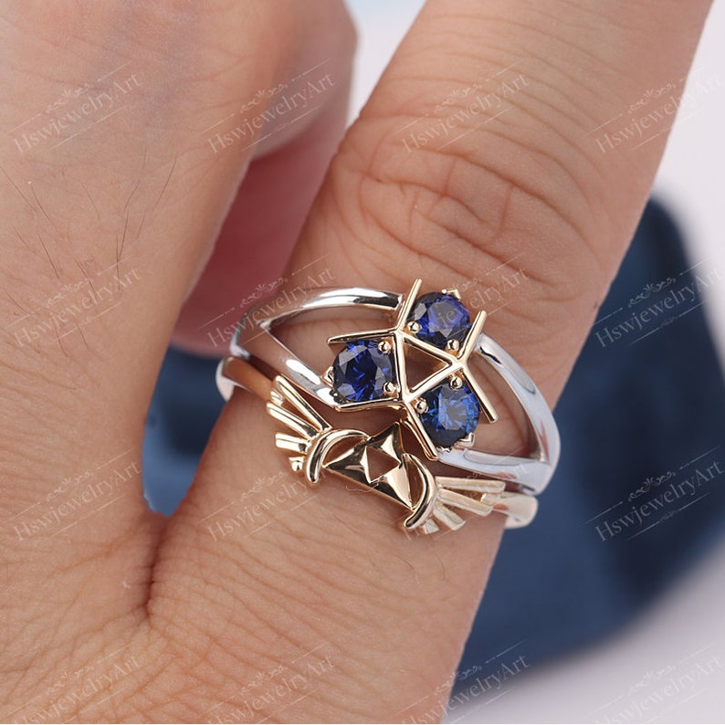 2PCS Zora's Sapphire Spiritual Stone Custom Ring 925 Sterling Silver Gold Plated Legend of Zelda Inspired Ring Video Game Engagement Ring image 4