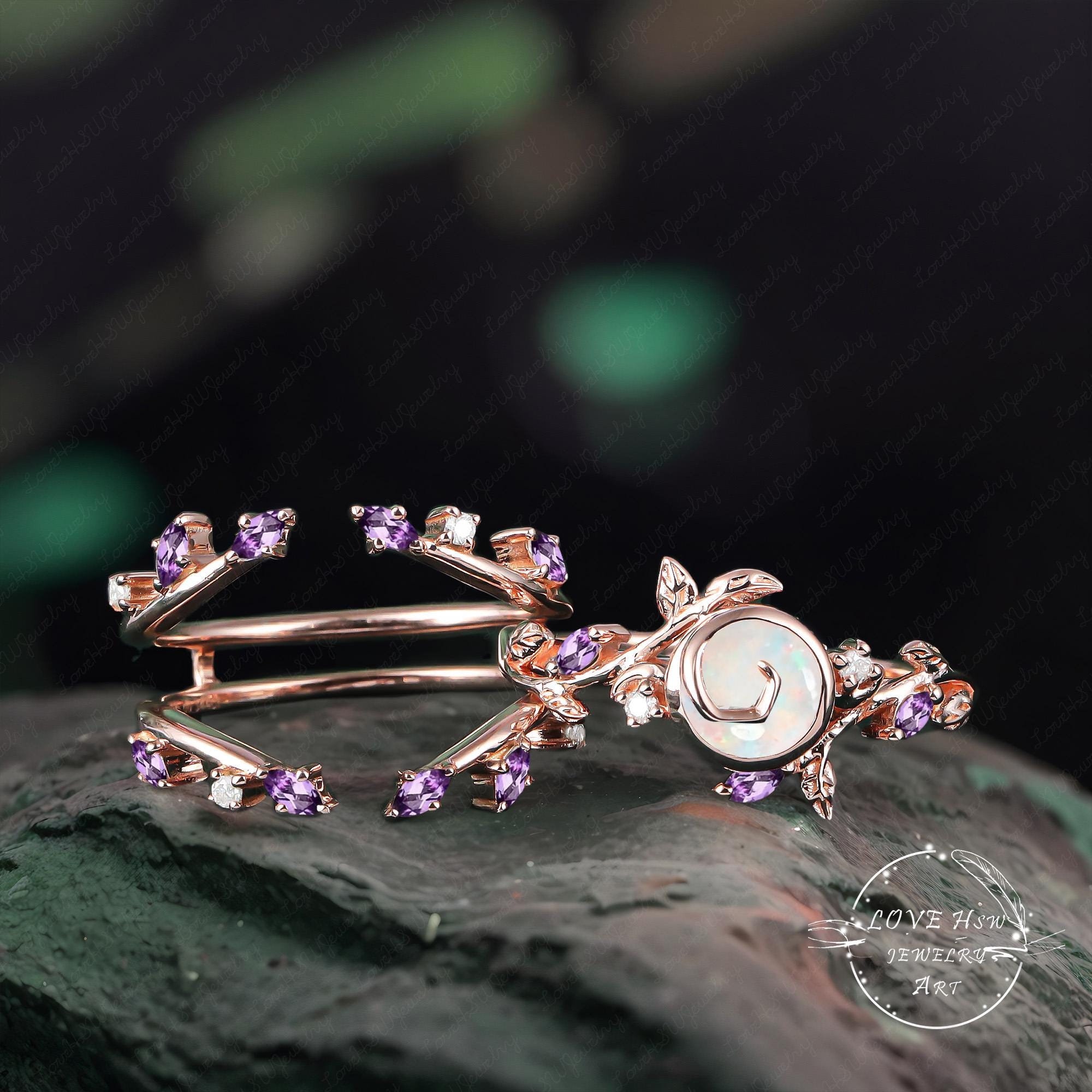 Vintage Natürliche Opal Verlobungsring Set Natur inspiriert Braut Ring Versprechen Ring Frauen Rosegold Mond Blatt Einzigartiger Edelstein Jahrestag Ring