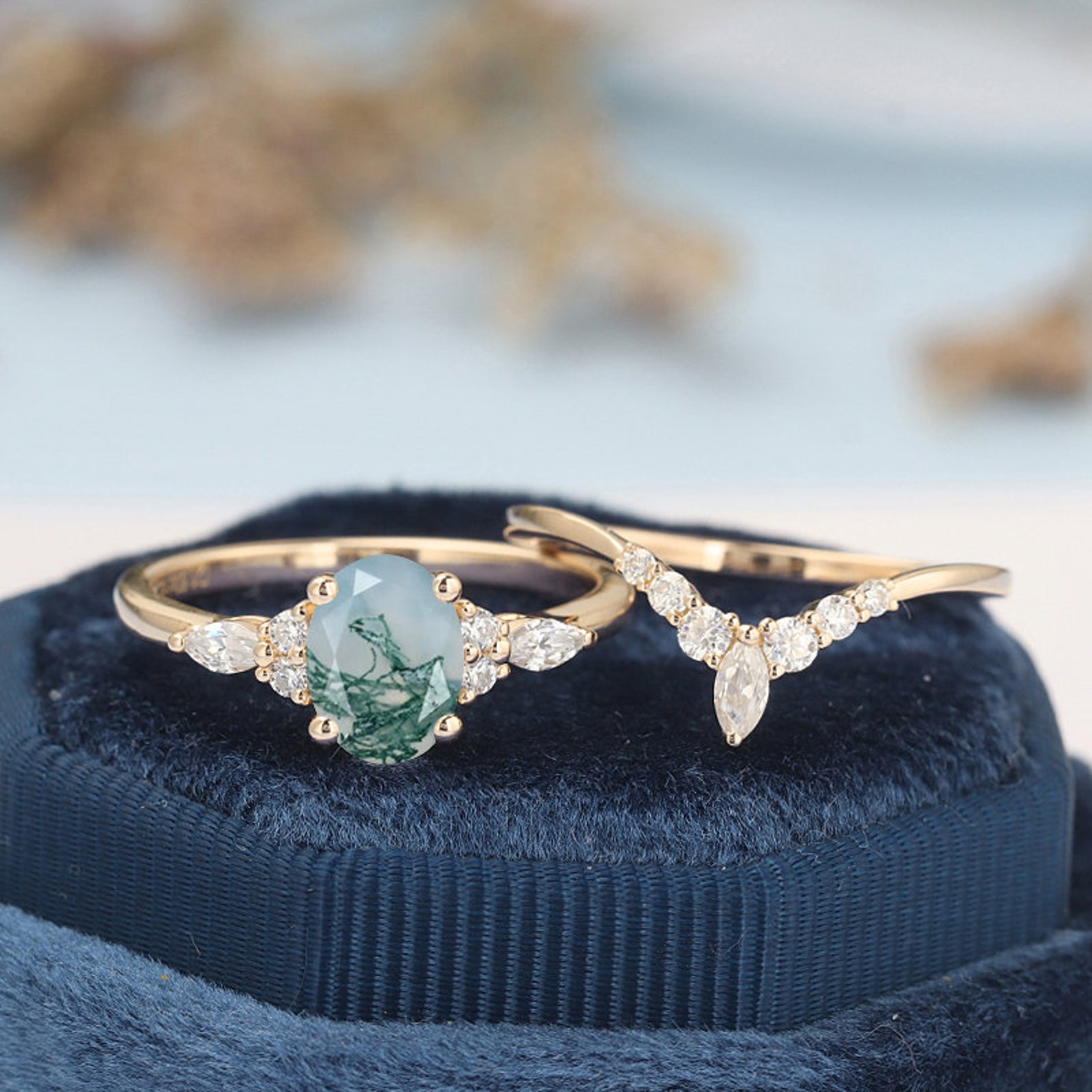 Moss agate engagement ring set unique yellow gold engagement Etsy