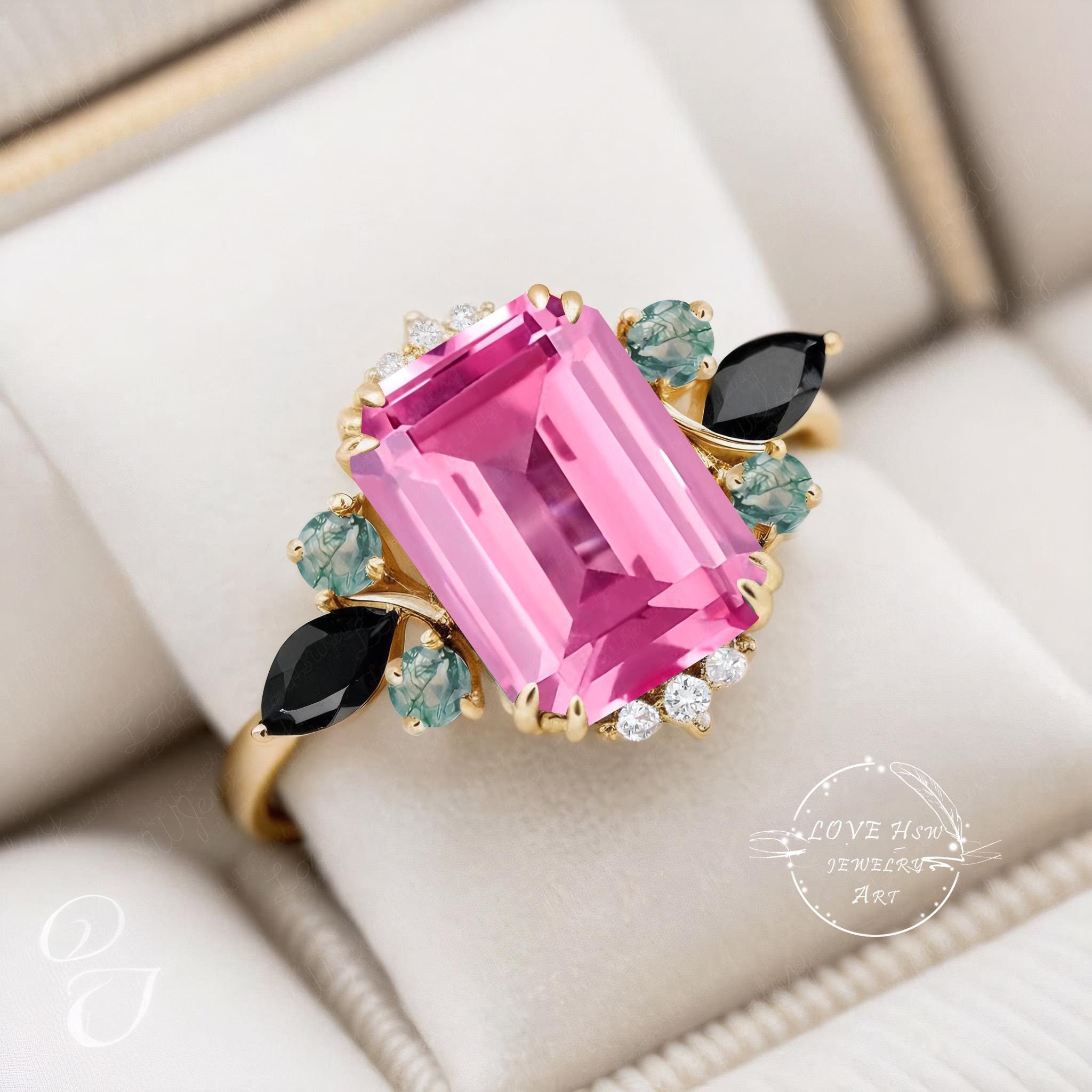 Anello di fidanzamento con zaffiro rosa Anello con dichiarazione unica Anello con cluster taglio smeraldo Anello con promessa per lei Gioielli con gemme rosa in oro giallo massiccio da donna