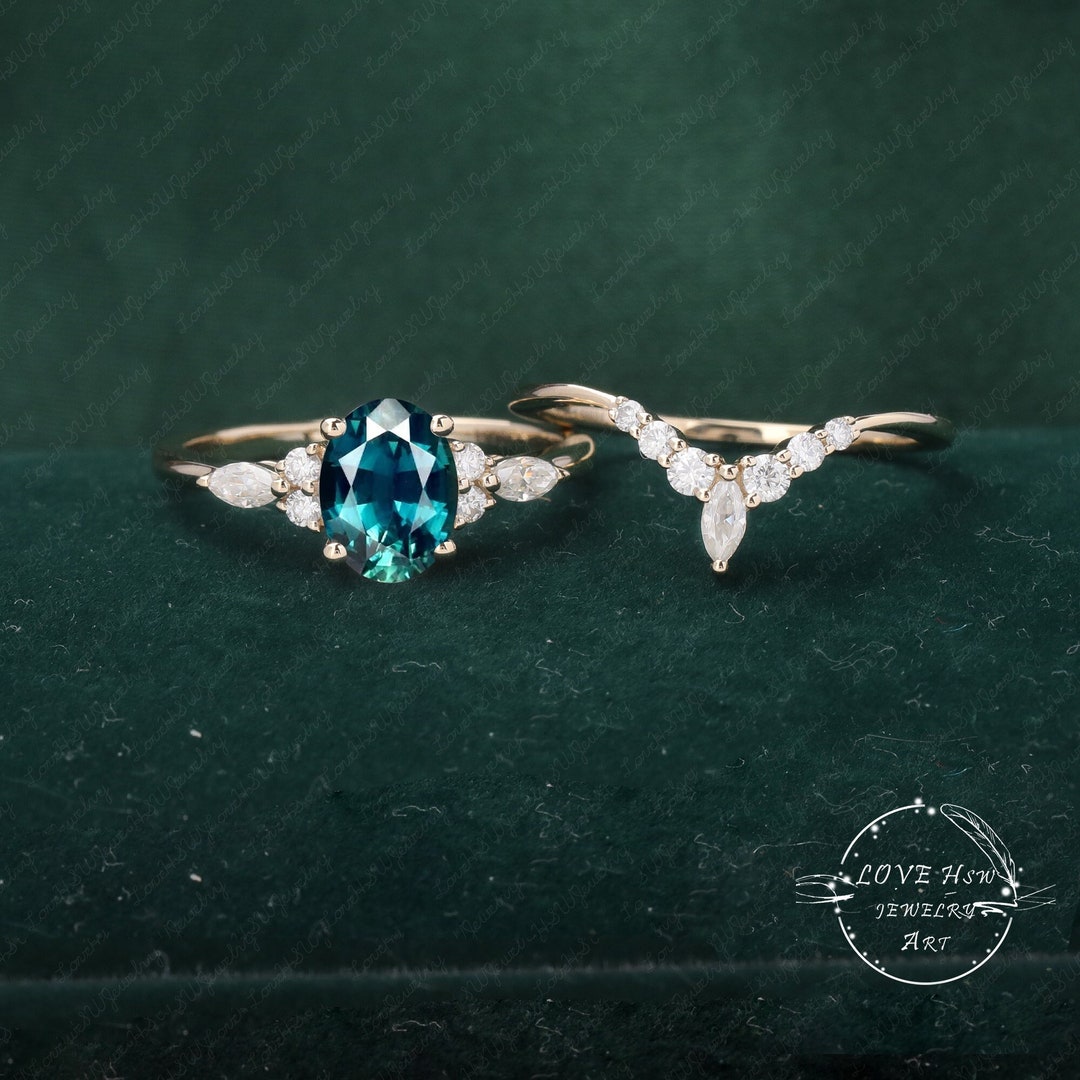Teal Sapphire Engagement Ring Set Unique Yellow Gold - Etsy