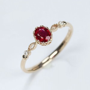 Antika Solitaire Naturliga Rubiner Förlovningsringar 14k Roséguld Diamant Jubileum Vintage Ring Damsmycken