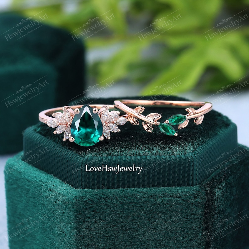 Emerald engagement ring set vintage rose gold Unique pear shape engagement shops ring diamond wedding ring Bridal anniversary ring gift women