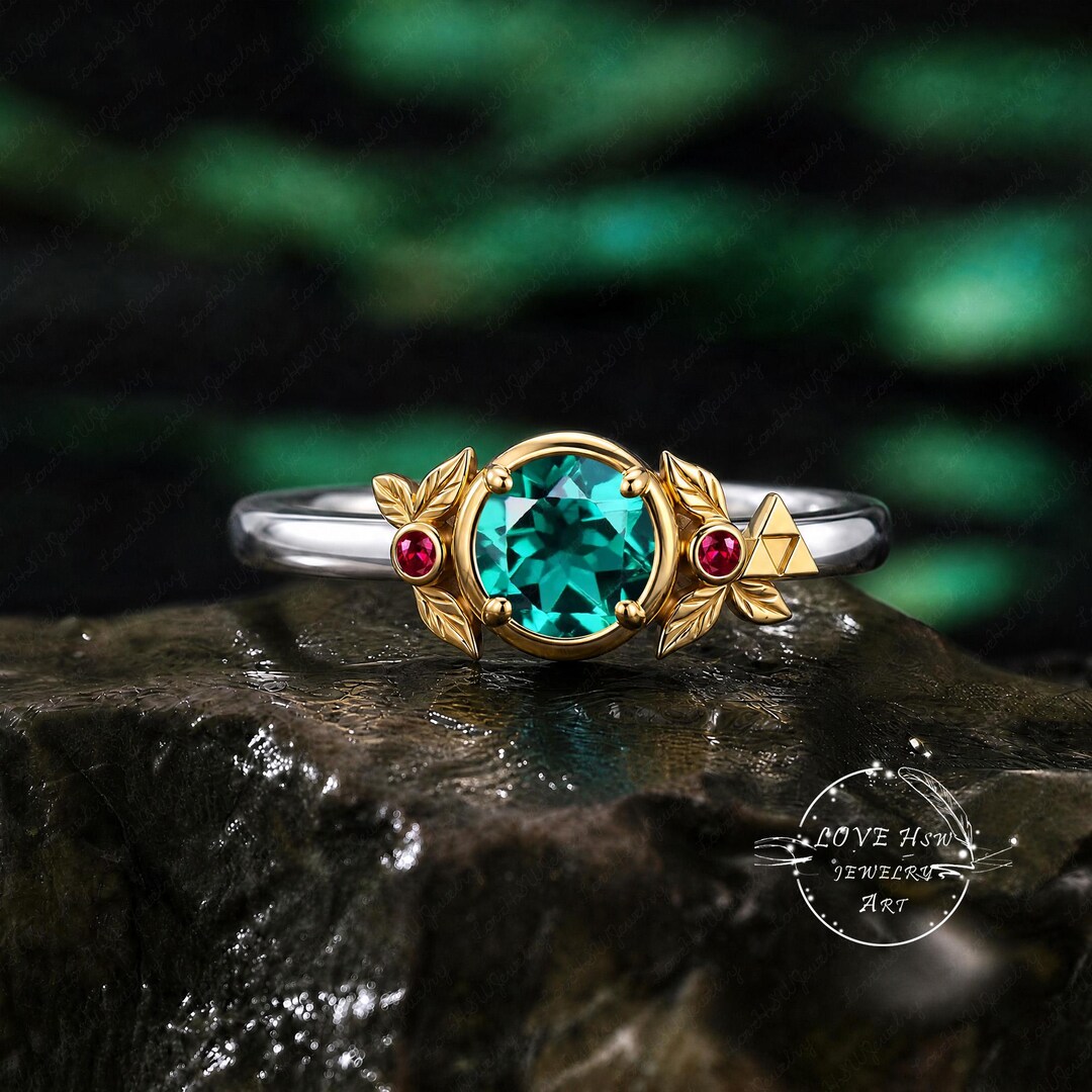 Legend of Zelda Triangle Emerald Engagement Ring 10K Two Tone Gold