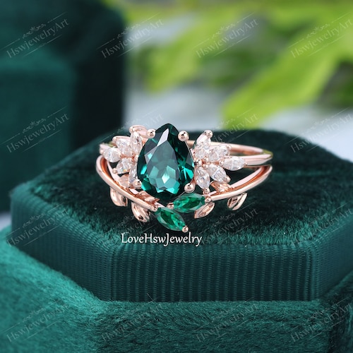 Emerald engagement ring set vintage rose gold Unique pear shape engagement shops ring diamond wedding ring Bridal anniversary ring gift women