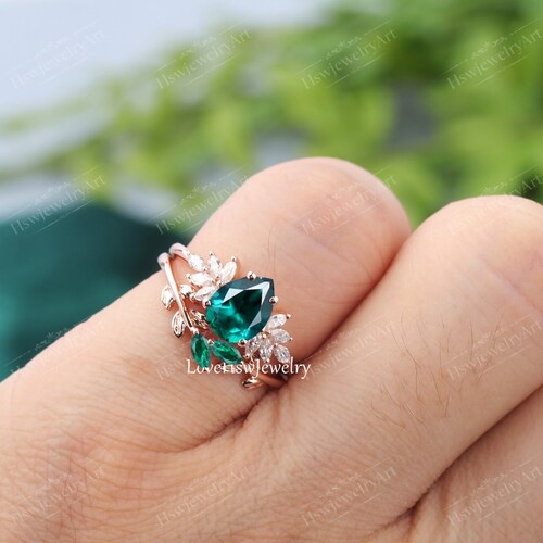 Emerald engagement ring set vintage rose gold Unique pear shape engagement shops ring diamond wedding ring Bridal anniversary ring gift women
