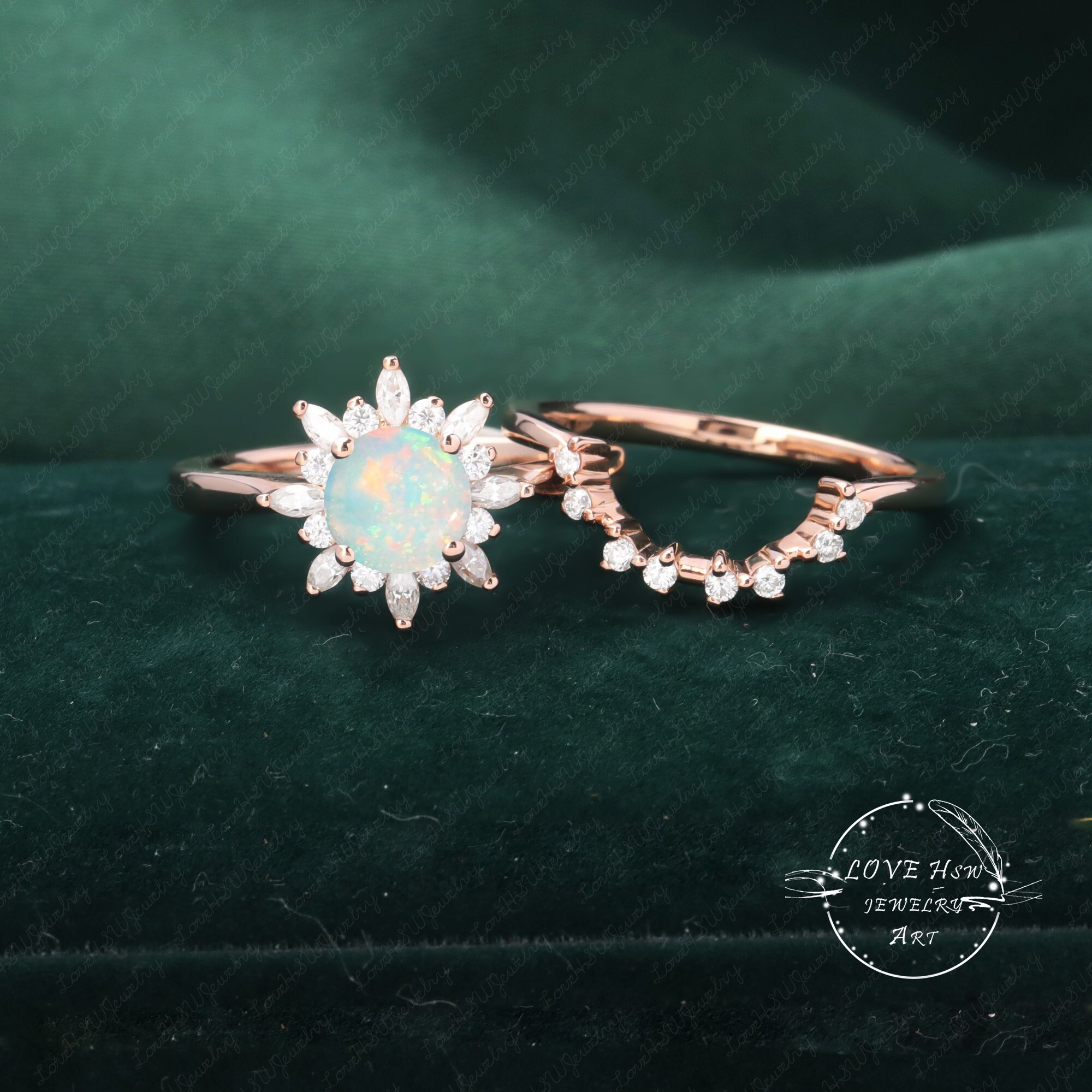 Opal Engagement Ring Sets Round Cut Vintage Halo Wedding Ring Moissanite / Diamond Engagement Ring Moonstone Anniversary  Bridal Ring