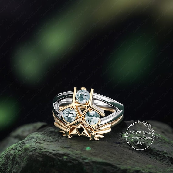 2PCS Zora's Moss Agate Silver Engagement Ring Set Spiritual
