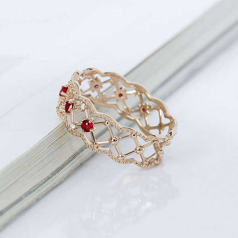 Unique Vintage Natural Diamond Ruby Engagement Ring 14k Rose Gold Antique Ruby Anniversary Ring Band Women Jewelry image 8