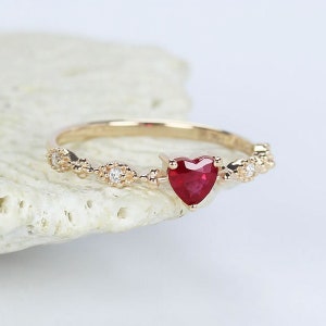 Solitaire Heart Shape Natural Ruby Diamond Engagement Rings Red 14k Rose Gold Diamond Anniversary Rings Women Jewelry