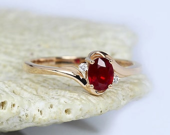 Simple Oval Cut Natural Ruby Diamond Ring/ 14k Rose Gold Wedding Ring / Engagement Ring/ Promise Ring / Anniversary Ring Women