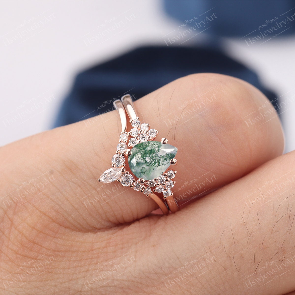 Moss agate Engagement Ring Pear Cut Rose Gold Ring Unique | Etsy