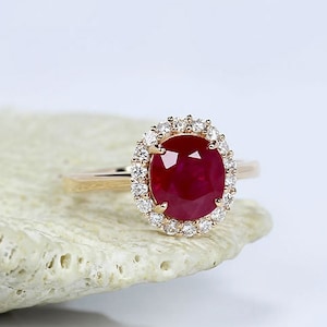 Classic Halo 2.0ct Oval Cut Ruby Diamond Ring / 14k Solid Rose Gold Engagement Ring For Women